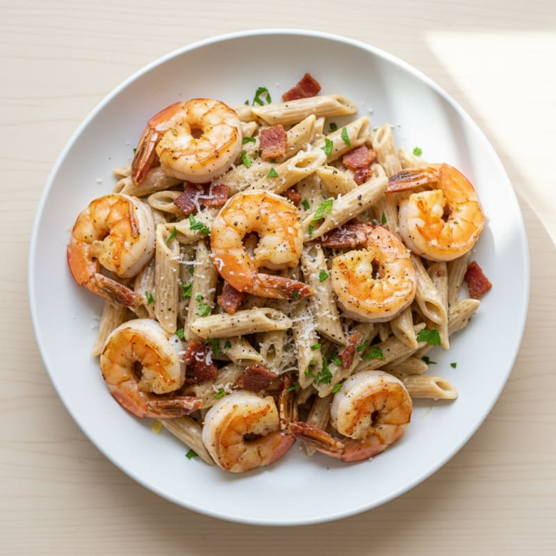 Garlic Shrimp Penne Alfredo with Pancetta