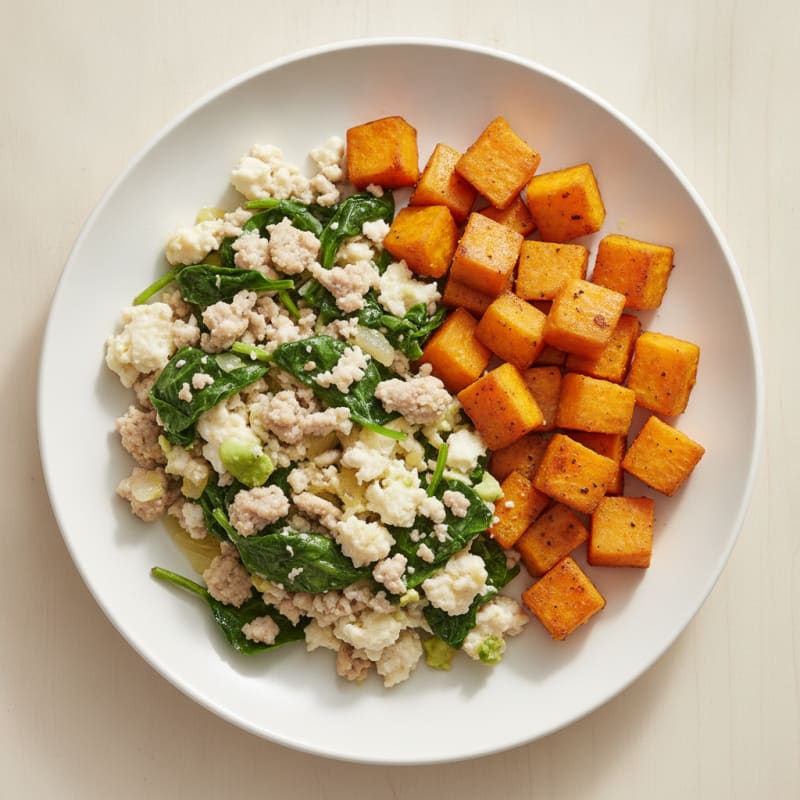 Egg White and Turkey Spinach Scramble with Roasted Sweet Potato