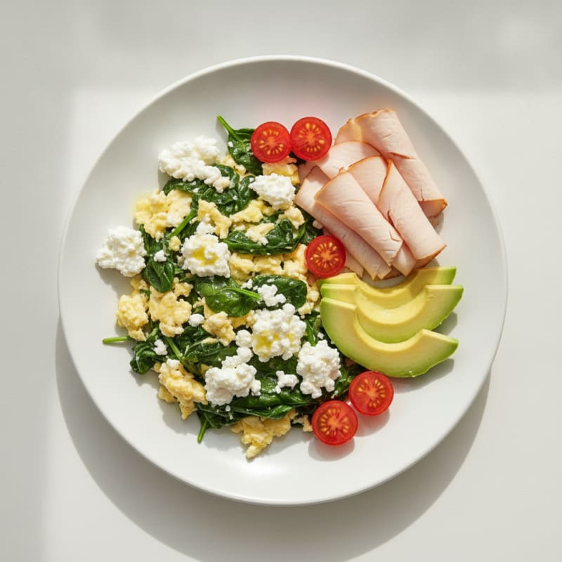 Egg White and Spinach Scramble with Cottage Cheese and Sliced Turkey