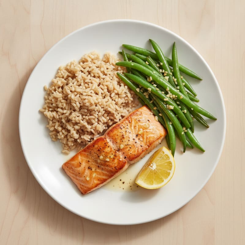 Seared Salmon with Garlic Green Beans and Brown Rice