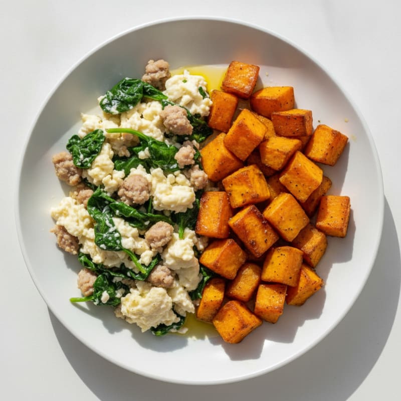 Egg White and Turkey Sausage Scramble with Spinach and Roasted Sweet Potato