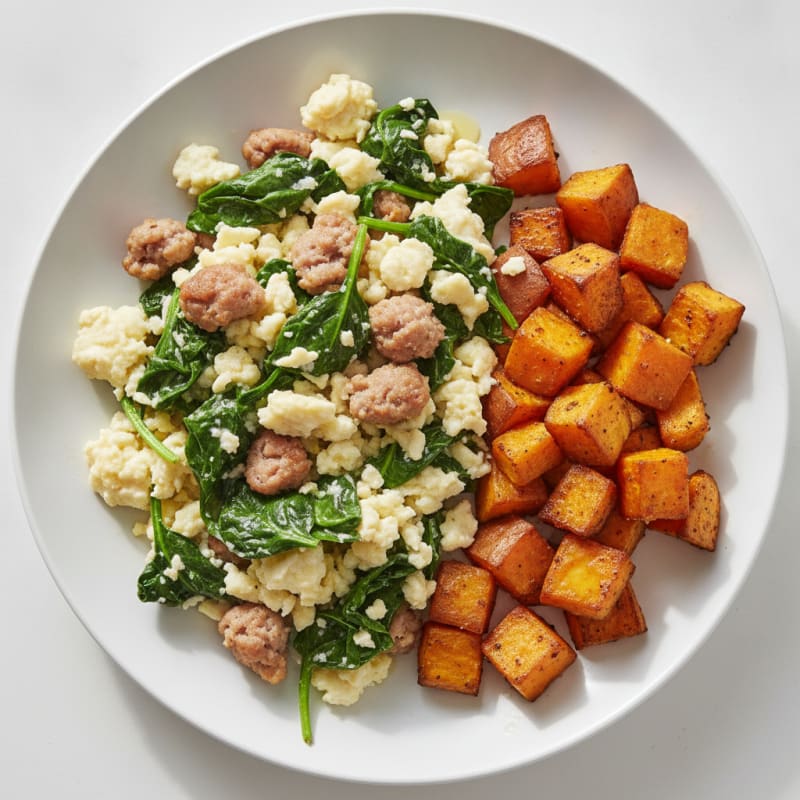 Egg White and Turkey Sausage Scramble with Spinach and Roasted Sweet Potato