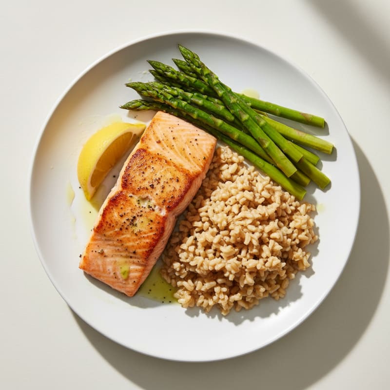 Seared Salmon with Steamed Asparagus and Brown Rice