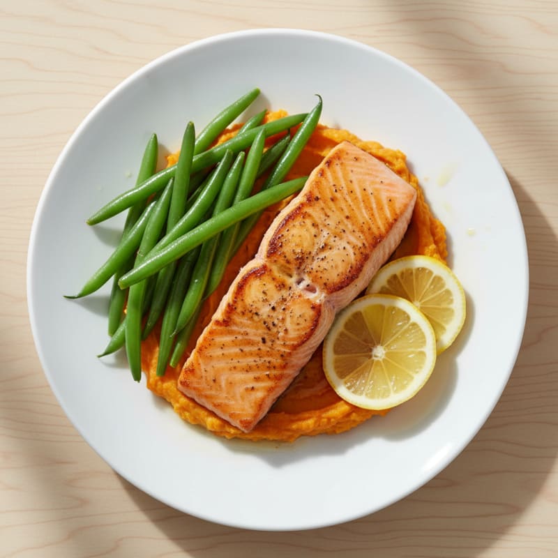 Seared Salmon Fillet with Steamed Green Beans and Sweet Potato Mash