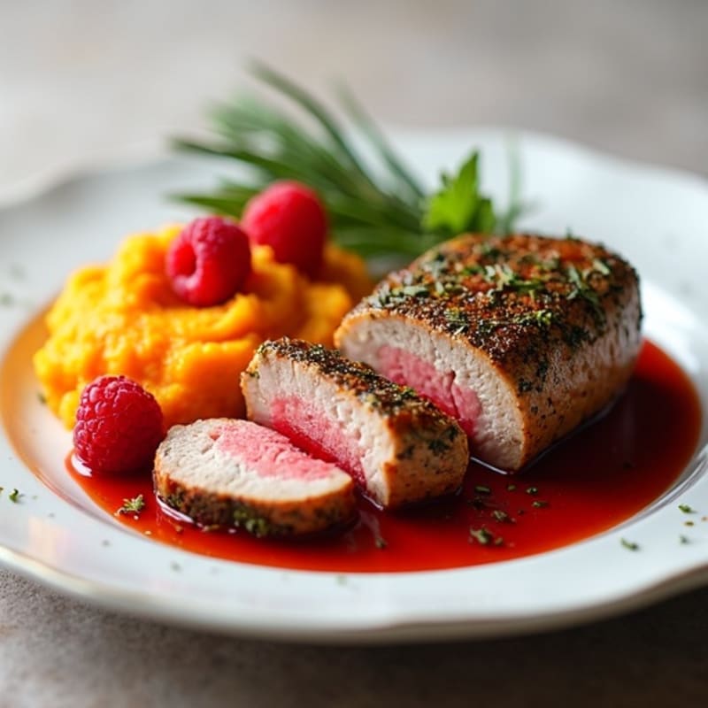 Herb-Crusted Pork Tenderloin with Tangy Raspberry Reduction and Creamy Sweet Potato Mash