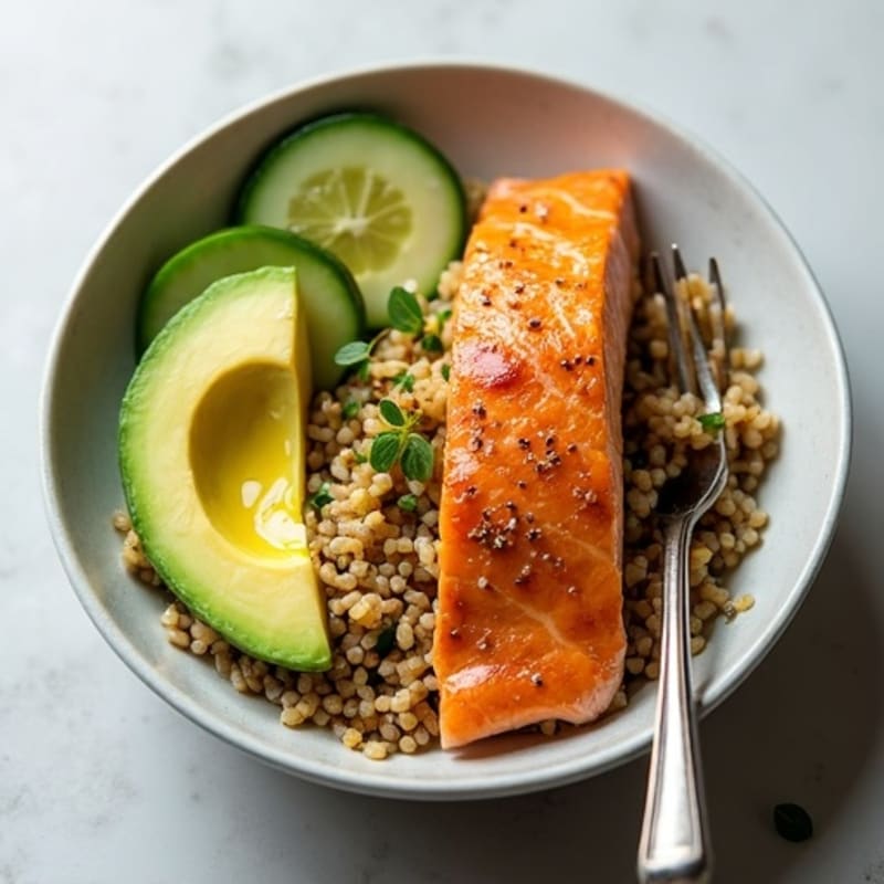 Pan-Seared Salmon Brown Rice Bowl with Fresh Avocado and Cucumber