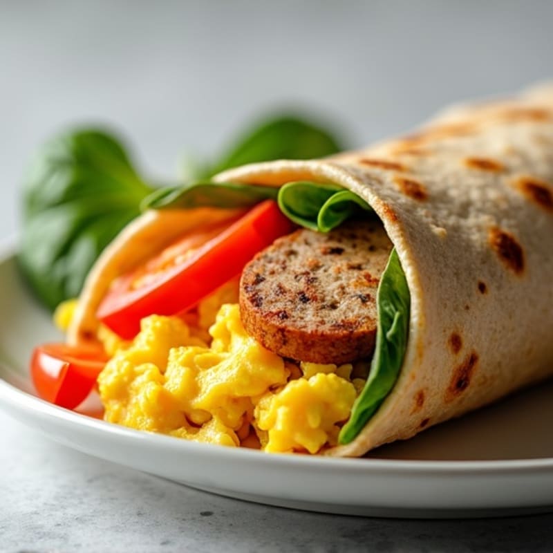 Fluffy Scrambled Egg and Turkey Sausage Breakfast Burrito with Fresh Vegetables