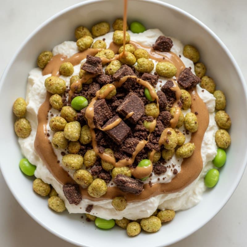 Creamy Vegan Ice Cream Parfait with Puffed Edamame and Nugo Dark Protein Bar Crumble