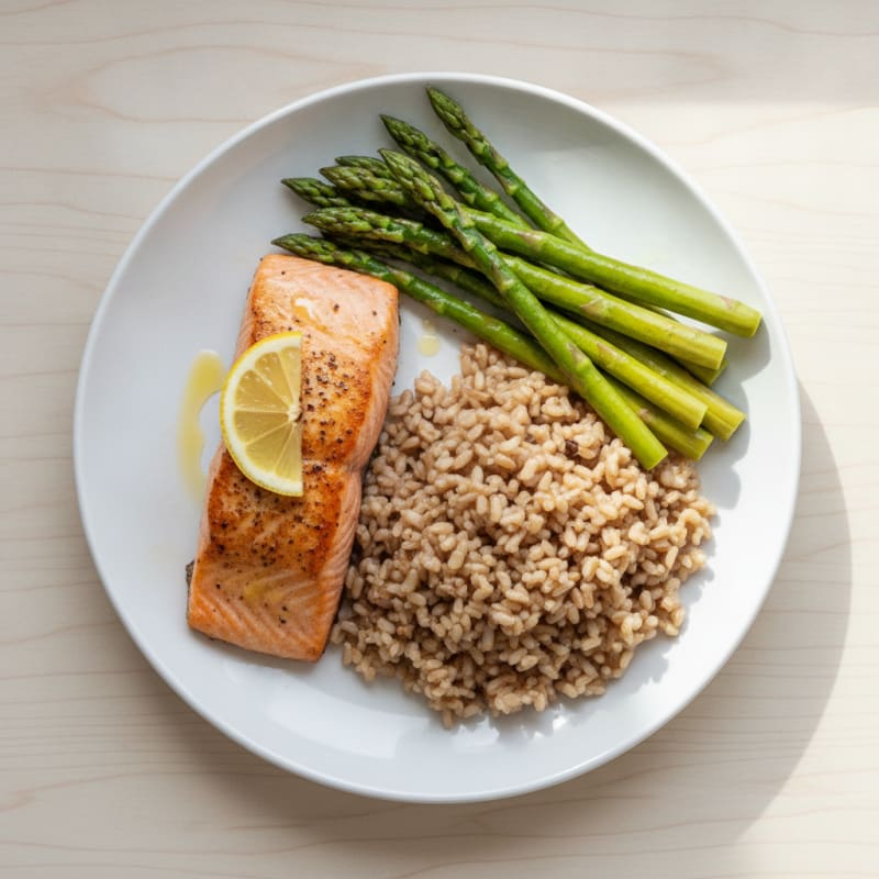 Seared Salmon with Steamed Asparagus and Brown Rice