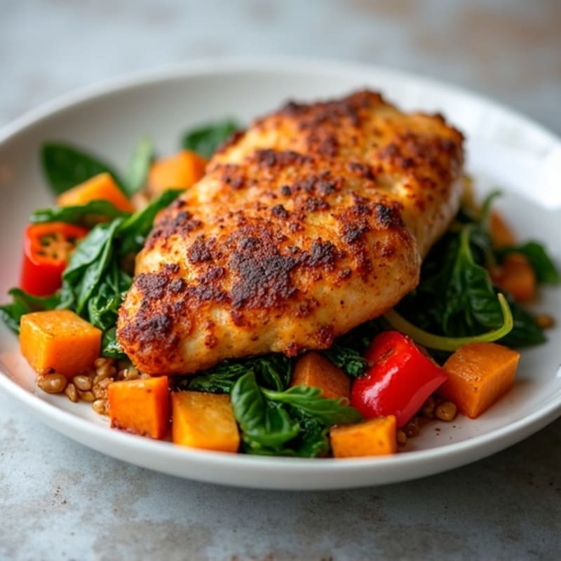 Sweet Potato Hash with Crispy Chicken and Sautéed Greens