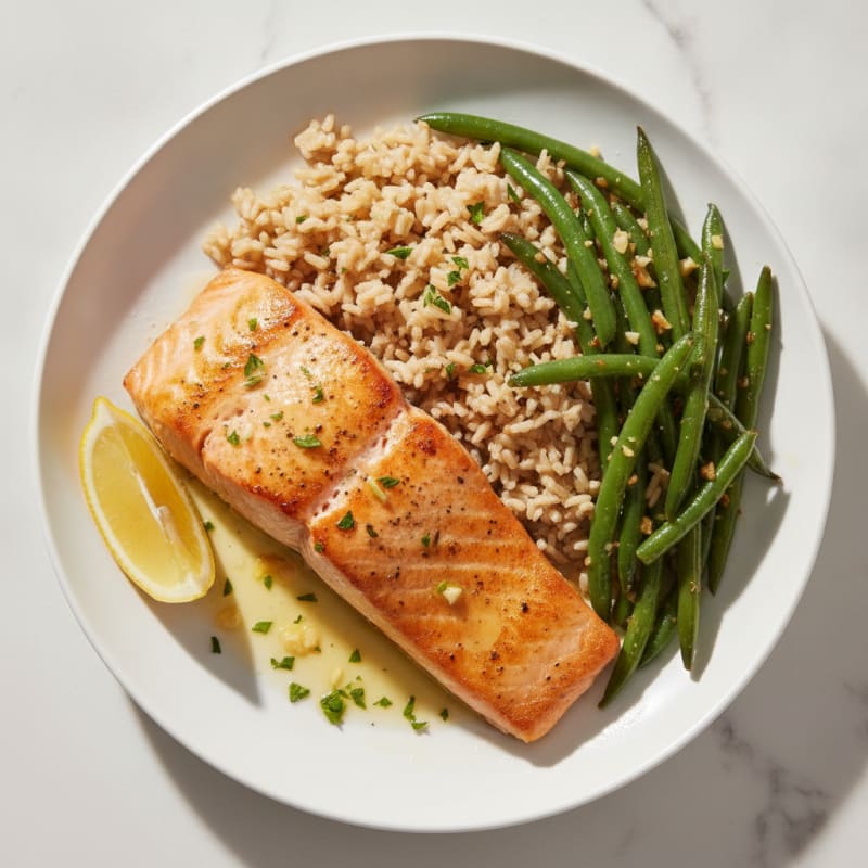 Seared Salmon Fillet with Garlicky Green Beans and Brown Rice