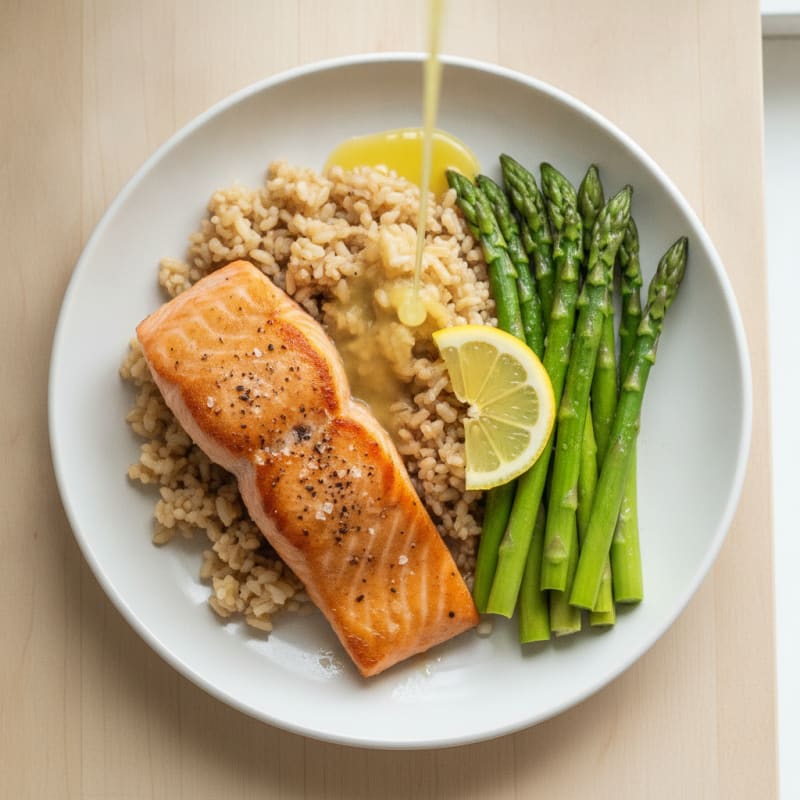 Seared Salmon with Steamed Asparagus and Brown Rice