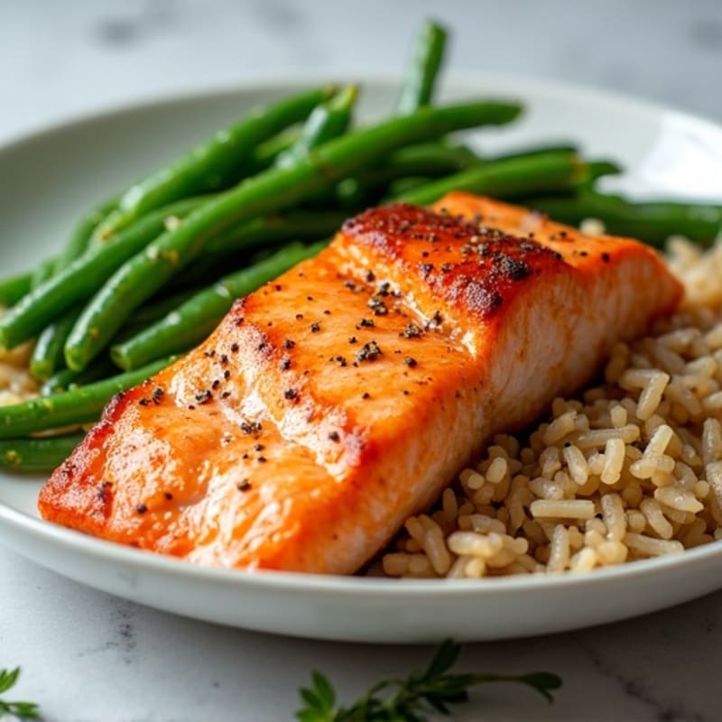 Seared Salmon Fillet with Steamed Green Beans and Brown Rice
