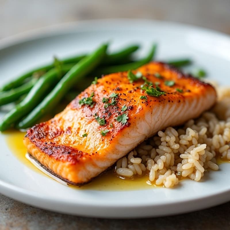 Seared Salmon with Garlic Green Beans and Brown Rice