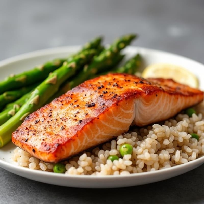 Seared Salmon with Steamed Asparagus and Wild Rice