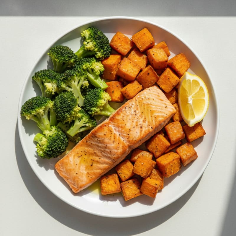 Seared Salmon with Roasted Sweet Potato and Steamed Broccoli