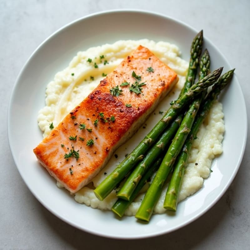 Seared Salmon with Steamed Asparagus and Cauliflower Mash