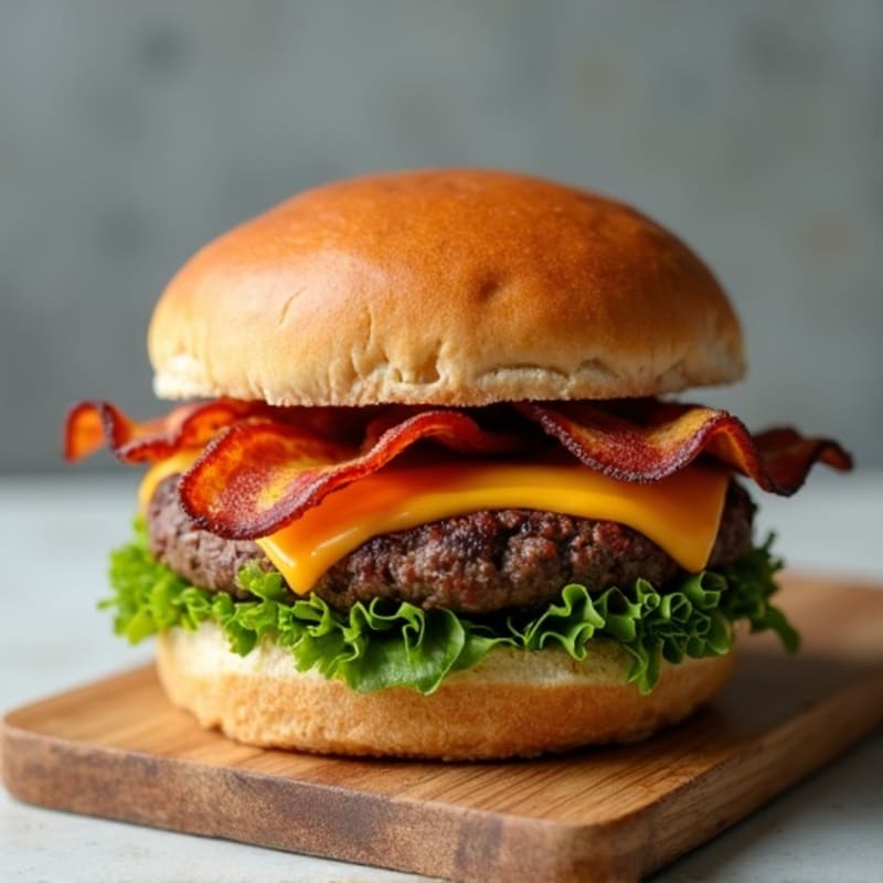 Lean Beef Burger with Crispy Turkey Bacon, Melted Cheddar, and Fresh Greens