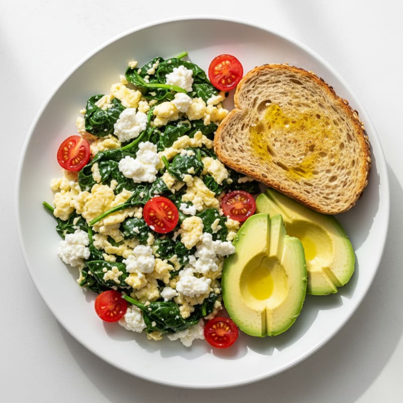 Egg White Spinach Scramble with Cottage Cheese and Cherry Tomatoes