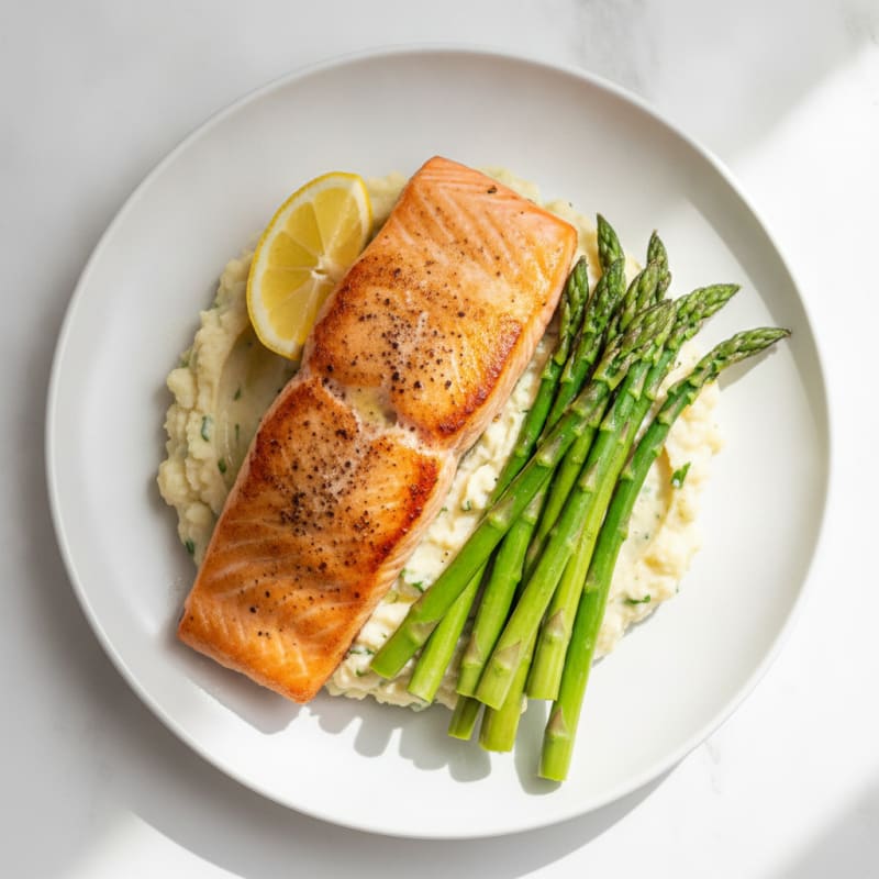Seared Salmon with Steamed Asparagus and Cauliflower Mash