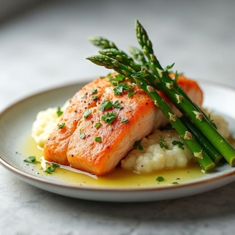 Seared Salmon Fillet with Steamed Asparagus and Cauliflower Mash
