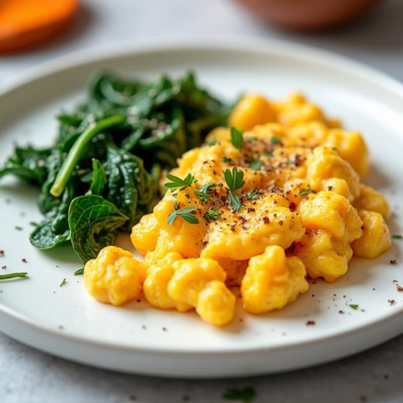 Fluffy Scrambled Eggs with Fresh Spinach and Roasted Sweet Potatoes