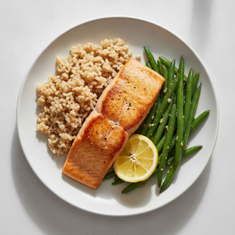 Seared Salmon with Garlic Green Beans and Brown Rice