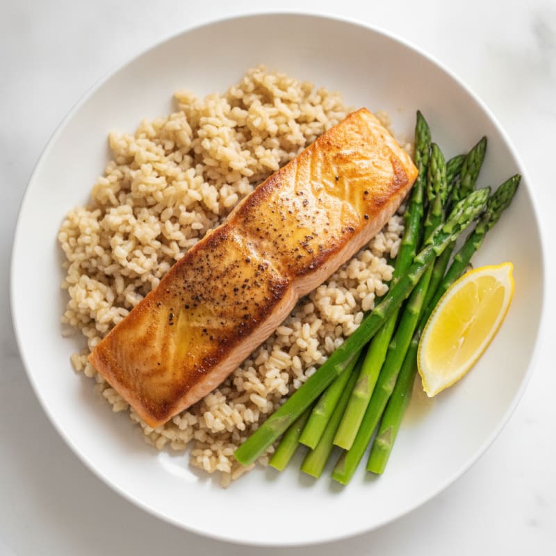 Seared Salmon with Steamed Asparagus and Brown Rice