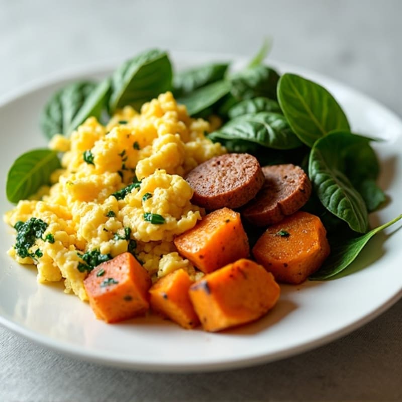 Egg White and Turkey Sausage Scramble with Spinach and Roasted Sweet Potatoes
