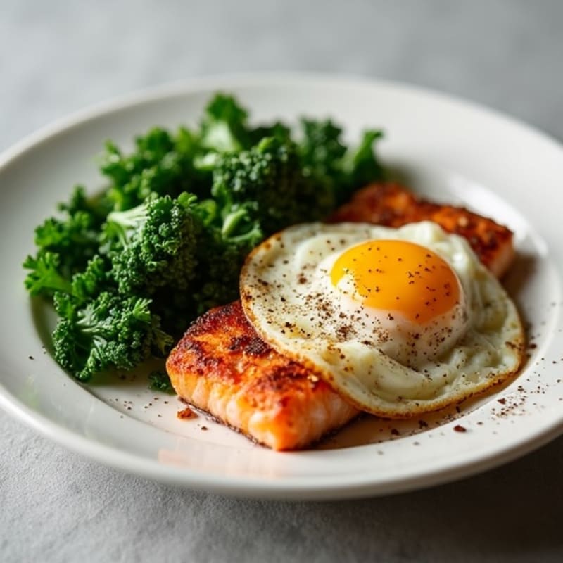 Crispy Salmon with Garlicky Sautéed Greens and Fried Egg