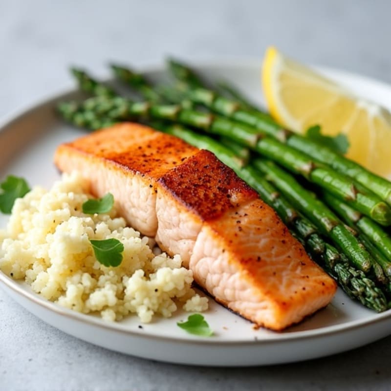 Seared Salmon with Steamed Asparagus and Cauliflower Rice