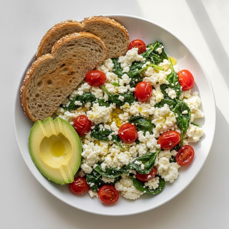 Egg White and Cottage Cheese Scramble with Spinach and Cherry Tomatoes