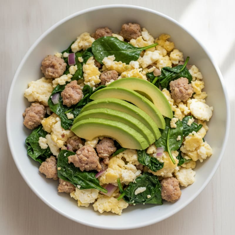 Egg White Scramble with Turkey Sausage and Sautéed Spinach