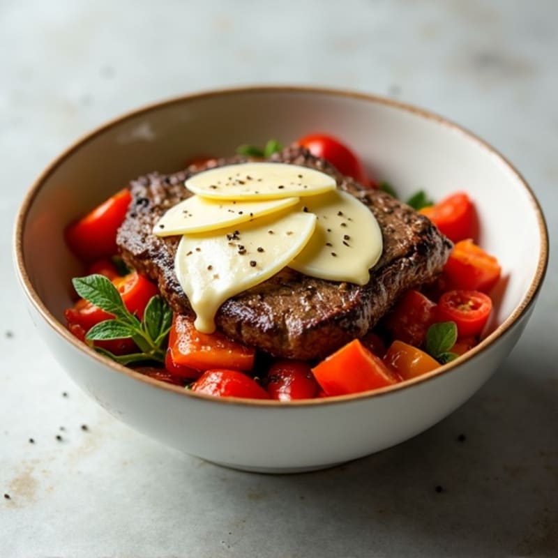 Lean Steak and Sautéed Bell Pepper Bowl with Creamy Provolone Drizzle