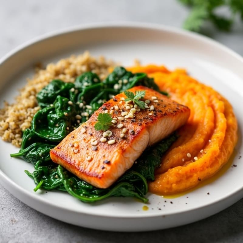 Pan Seared Salmon with Garlic Spinach and Sweet Potato Mash