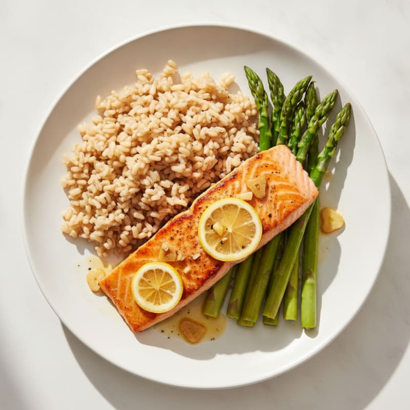 Seared Garlic-Lemon Salmon with Steamed Asparagus and Brown Rice