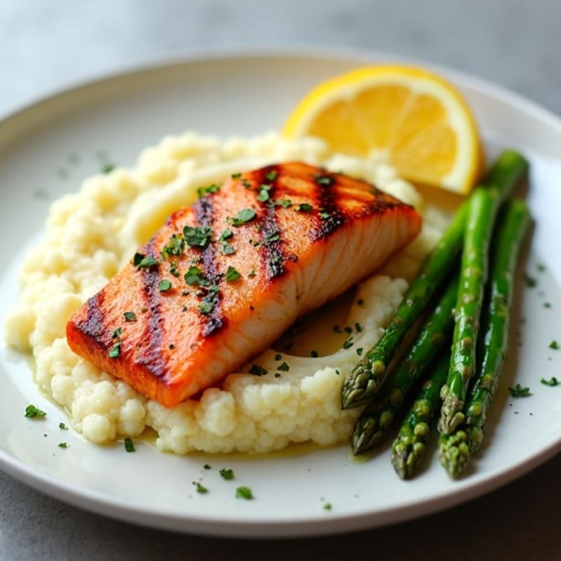Seared Salmon with Steamed Asparagus and Cauliflower Mash