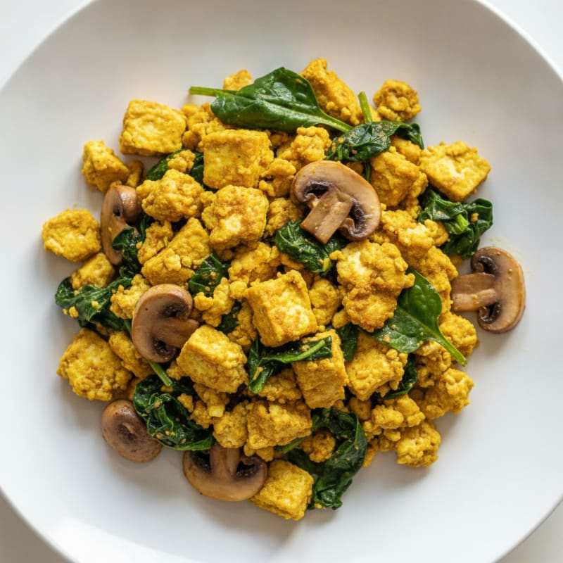 Silky Tofu Scramble with Spinach and Sautéed Mushrooms
