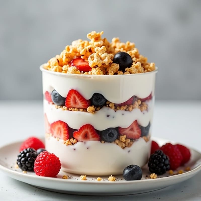 Creamy Protein Yogurt Parfait with Crunchy Popcorn Topping