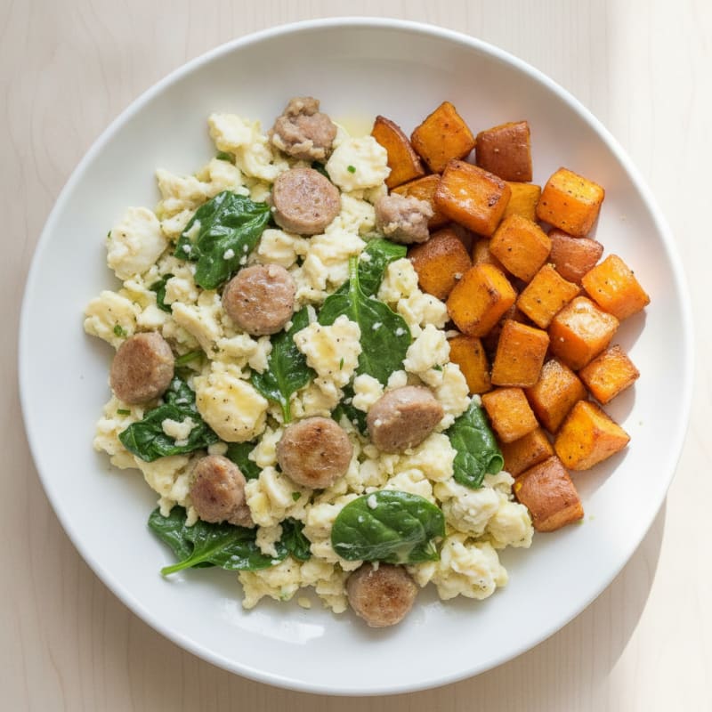 Egg White and Turkey Sausage Scramble with Spinach and Roasted Sweet Potatoes