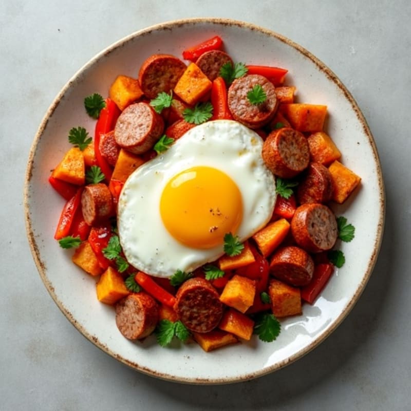 Crispy Sweet Potato and Bell Pepper Hash with Eggs and Lean Chicken Sausage