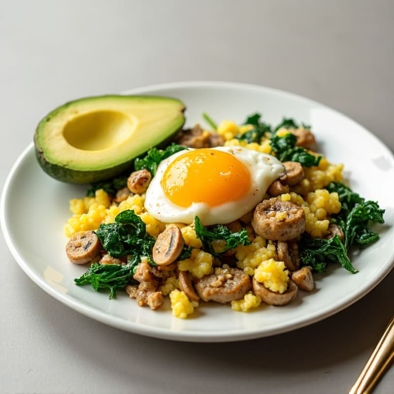 Egg White and Turkey Sausage Scramble with Spinach and Mushrooms