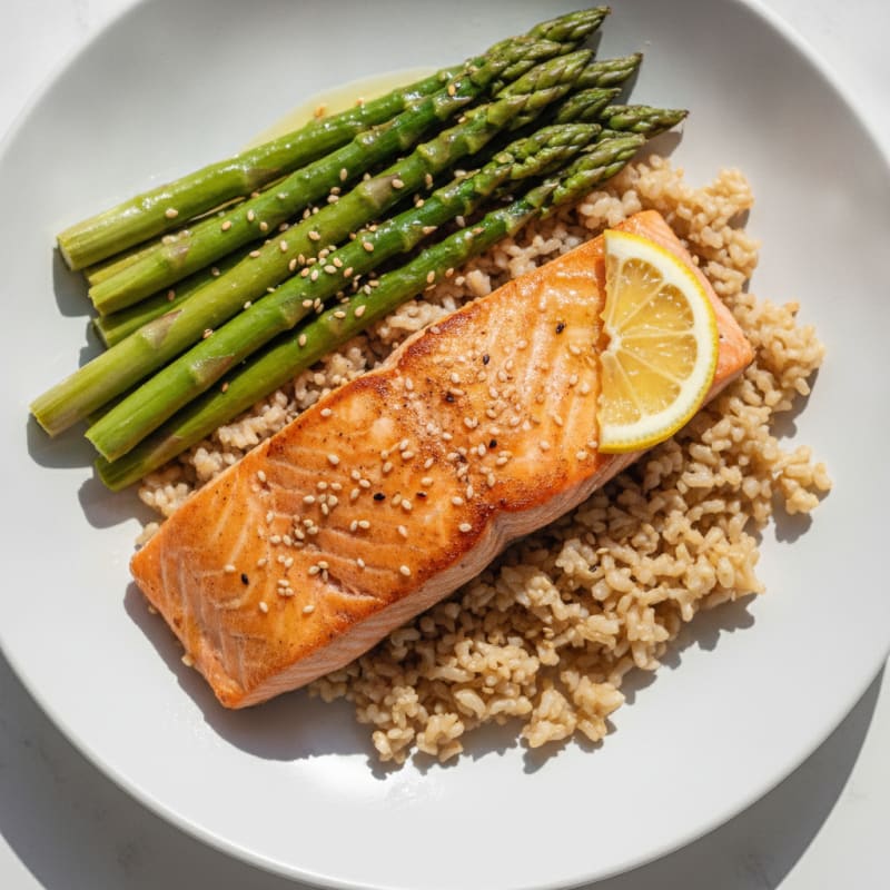 Seared Salmon with Steamed Asparagus and Brown Rice