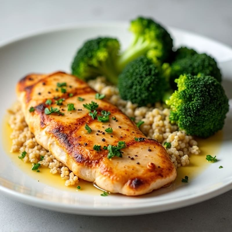 Seared Lemon-Garlic Chicken Breast with Steamed Broccoli and Quinoa