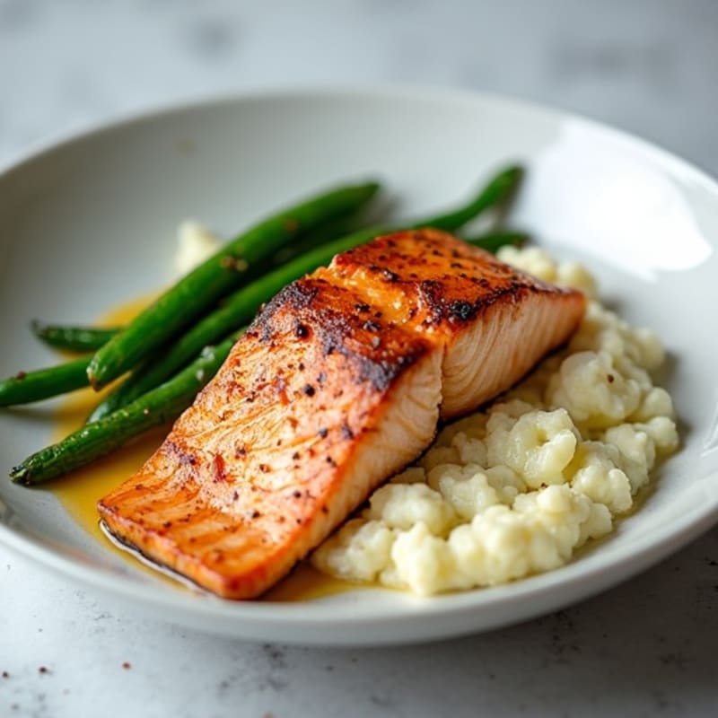 Seared Salmon Fillet with Garlic Green Beans and Cauliflower Mash