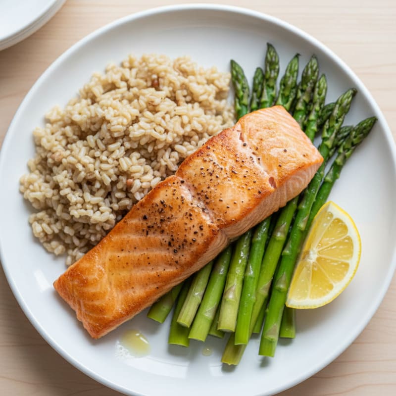 Seared Salmon Fillet with Steamed Asparagus and Brown Rice