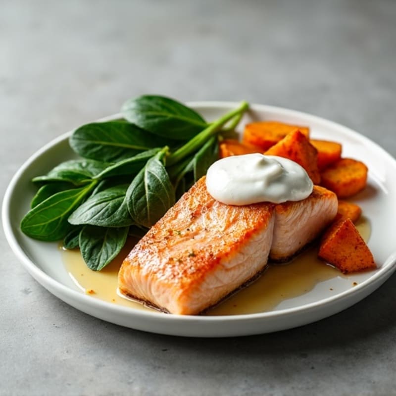 Seared Salmon with Roasted Sweet Potatoes and Sautéed Spinach