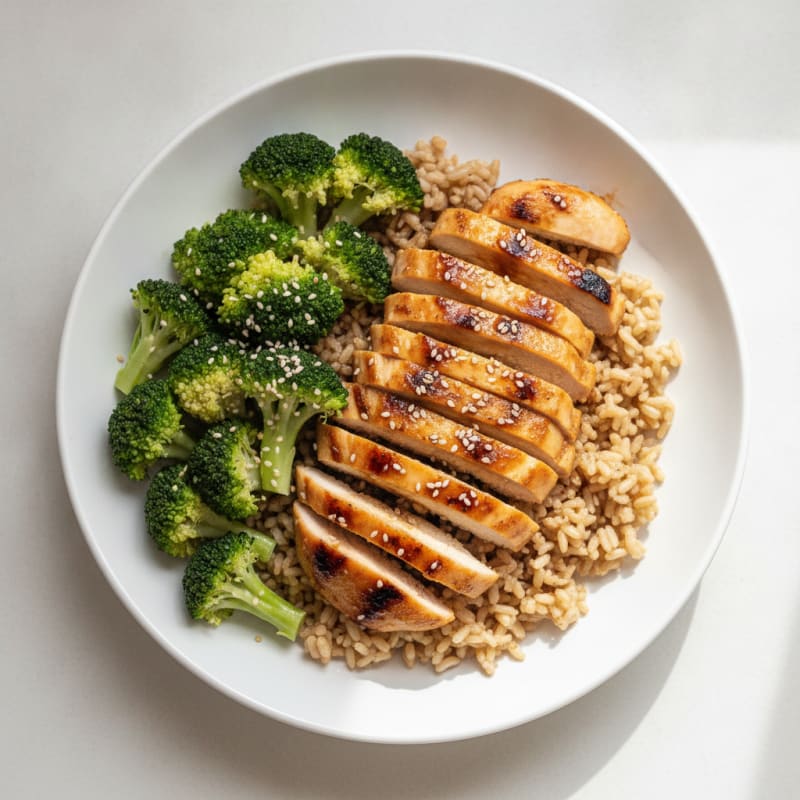 Grilled Chicken Bulgogi Bowl with Steamed Broccoli and Brown Rice