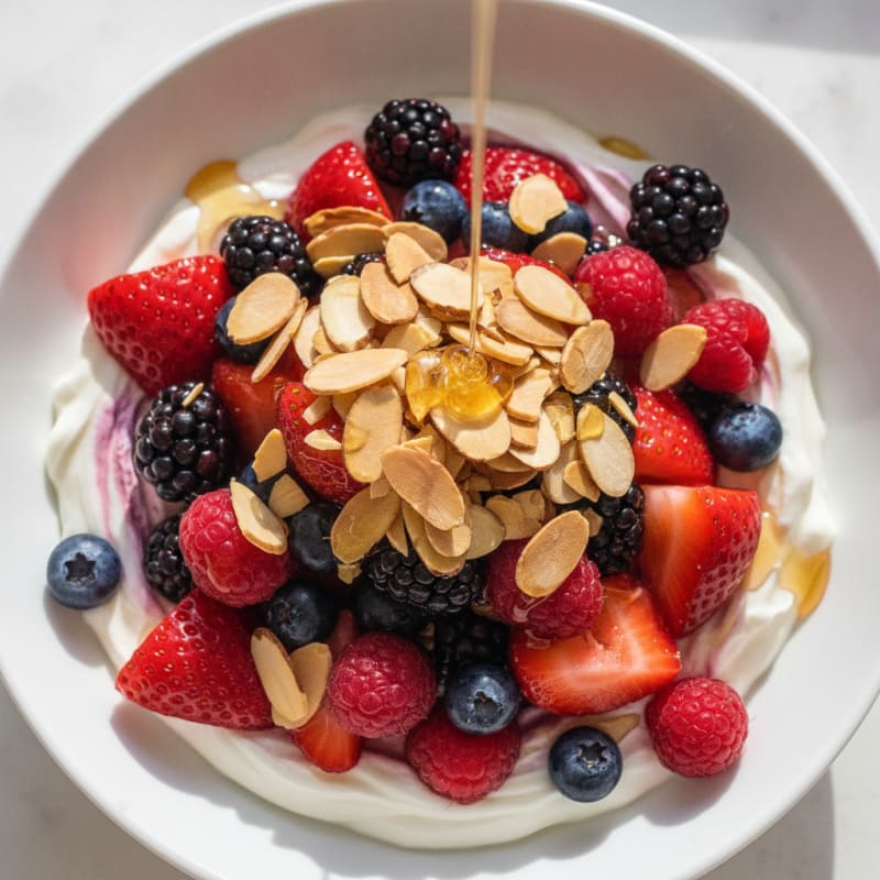 Greek Yogurt Protein Parfait with Mixed Berries and Almonds