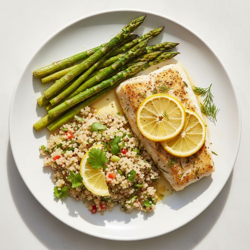 Baked Cod with Roasted Asparagus and Quinoa